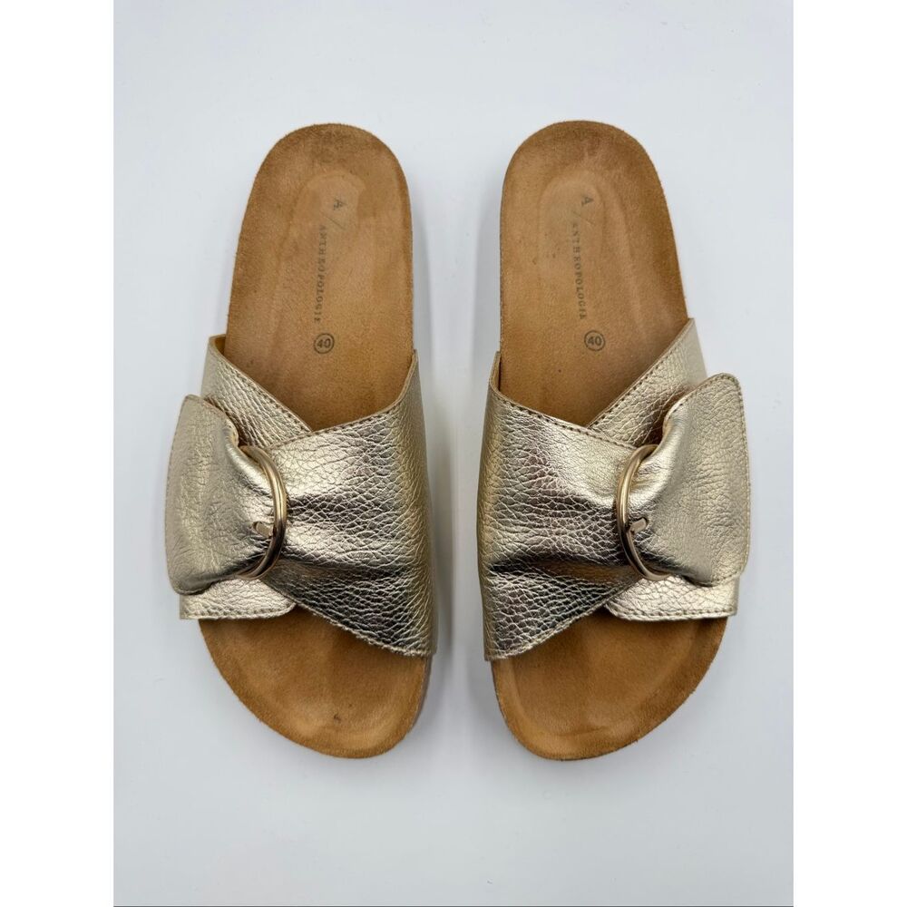 Anthropologie Gold Leather Slide Sandals Ring Detail Cork Footbed EU 40 US 9 EUC